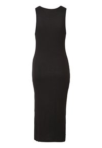 Robe noire côtelée sans manches, longueur jusqu'aux chevilles, silhouette ajustée et col rond, vue de dos.