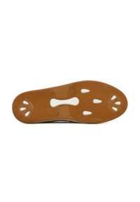 Rubberen schoenzool met een bruine, gestructureerde oppervlakte. Bevat witte accenten, zoals ronde uitsparingen en grips, voor grip en duurzaamheid.