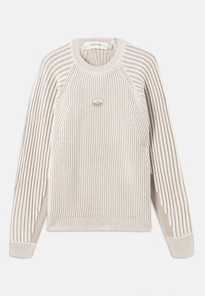 Long-sleeve knit sweater in beige and white vertical stripes with round neck and small embroidered logo on chest.