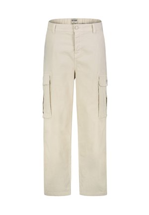 Beige Cargo-Hose mit geradem Bein, Knopfverschluss, Gürtelschlaufen und Klapptaschen an beiden Oberschenkeln.