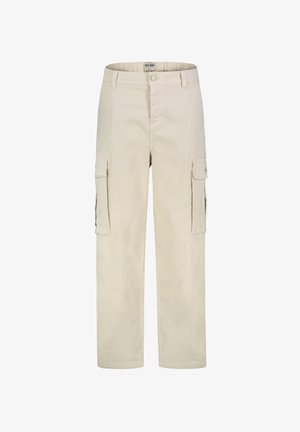 Beige Cargo-Hose mit geradem Bein, Knopfverschluss, Gürtelschlaufen und Klapptaschen an beiden Oberschenkeln.