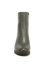 Olive green ankle boot made of smooth leather, with a rounded toe and a side zipper. Textured stitching along the top edge. Brown outsole.