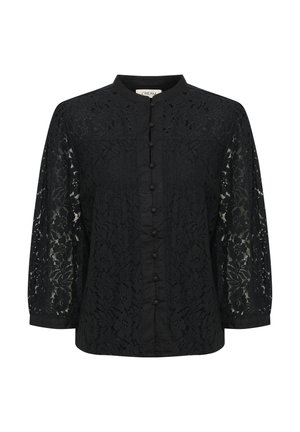 Bluză din dantelă neagră cu guler rotund, mâneci lungi din material transparent și închidere frontală cu nasturi. Model floral notabil și țesătură texturată.