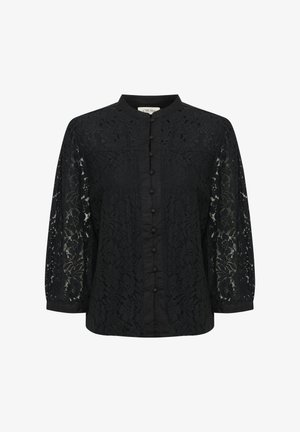Crna čipkasta bluzica s okruglim ovratnikom, dugim prozirnim rukavima i prednjim dugmadi. Zapaženi cvjetni uzorak i teksturirani materijal.