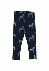 Marinblå leggings i bomull med ett upprepat mönster av blå hästar med dekorativa detaljer och små blommönster i olika färger.
