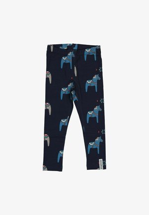 Tummansiniset legginsit, jotka on valmistettu puuvillasta ja joissa on toistuva kuvio sinisistä hevosista koristeellisin yksityiskohdin sekä pienin värikkäin kukkakuviin.