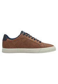 Braune Ledersneaker mit navy Akzenten, niedriger Profilhöhe, runder Zehenpartie und strukturierten Seiten. Gummisohle mit einem dezenten Grip-Muster.