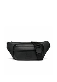 Schwarze Leder-Gürteltasche mit strukturiertem Design. Verfügt über eine vordere Reißverschlusstasche, einen verstellbaren Riemen und ein eingeprägtes Logo auf der Vorderseite.