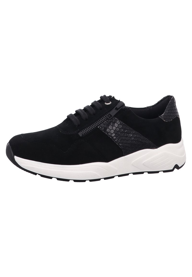 Black suede sneakers with a textured black reptile pattern accent, showcasing a white rubber sole and lace-up front with a side zipper.