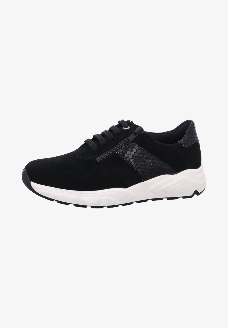 Black suede sneakers with a textured black reptile pattern accent, showcasing a white rubber sole and lace-up front with a side zipper.