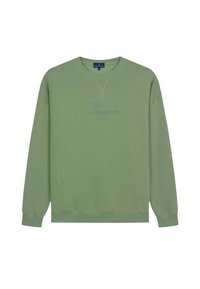 Felpa verde con collo a giro, maniche lunghe e ricamo "Harper" di un verde leggermente più scuro. Tessuto morbido e vestibilità rilassata.