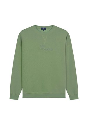 Felpa verde con collo a giro, maniche lunghe e ricamo "Harper" di un verde leggermente più scuro. Tessuto morbido e vestibilità rilassata.