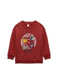 Sudadera burdeos con cuello redondo, mangas largas y puños de canalé. Presenta parches bordados coloridos y texto en la parte delantera.