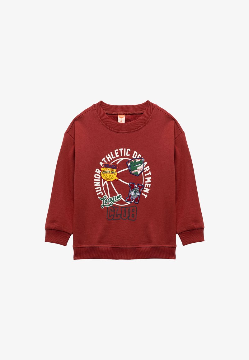 Bordowy sweatshirt z okrągłym dekoltem, długimi rękawami i ściągaczami. Posiada kolorowe haftowane naszywki i tekst z przodu.