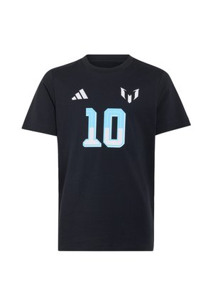 Sort sportstrøje med korte ærmer med lyseblåt nummer 10 og hvidt Adidas og stiliseret logo på brystet.
