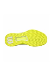 Schuhsohle in leuchtendem Neon-Gelb mit welliger Textur, versehen mit einem weißen Logo und einem zentralen Ausschnitt für Flexibilität.