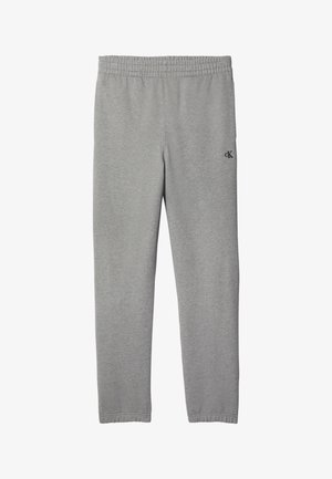 Lichtgrijze sweatpants met elastische taille, klein zwart "cK" logo op het bovenbeen, rechte pijpen en elastische boorden bij de enkels.