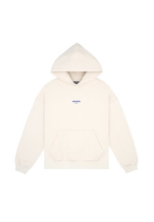 Cream hoodie with a front pocket, drawstring hood, and "WASTED" text in blue. Soft fabric, relaxed fit, ribbed cuffs and hem.