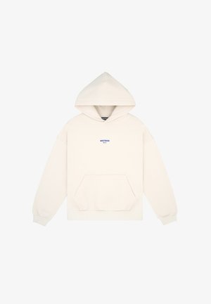 Felpa crema con tasca frontale, cappuccio con coulisse e testo "WASTED" in blu. Tessuto morbido, vestibilità rilassata, polsini e bordo a coste.