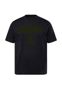Černé bavlněné tričko s krátkým rukávem, které má velký zelený grafický nápis "ANCHOR SUPPLY" a design kotvy. Klasický střih s kulatým výstřihem.