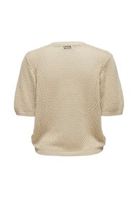 Pull en maille beige à manches courtes avec un motif ouvert et ample et des bords côtelés aux manches, à l'ourlet et à l'encolure, vu de dos.