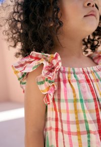 Multicolored plaid dress with ruffled sleeves in pink, red, green, and yellow. Lightweight fabric with elastic neckline, featuring vibrant check patterns.