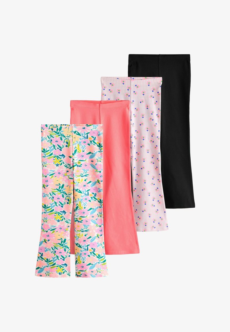 Quattro paia di pantaloni a zampa: motivo floreale rosa, corallo uniforme, rosa chiaro con stampa floreale piccola e nero uniforme. Tessuto liscio, stile aderente.