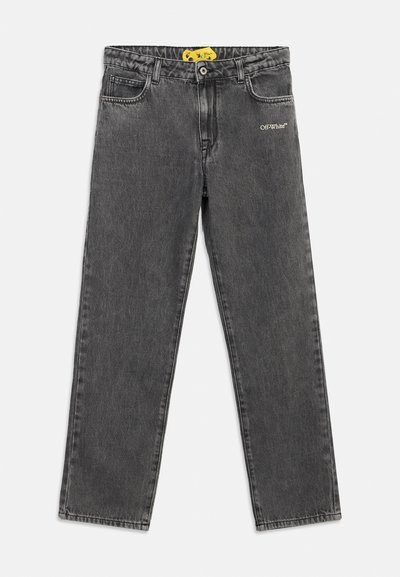 Μαύρο ξεθωριασμένο τζιν με ίσια γραμμή, μπροστινές τσέπες, κλείσιμο με κουμπί και λογότυπο "Off-White" στο πάνω δεξί μέρος του μηρού.