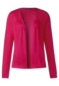 Pitkähihaisen kirkkaan pinkin neuletakin v-kauluksella, avoimella edustalla ja pehmeällä neulospinnalla. Ei kiinnityksiä eikä kuvioita näkyvissä.