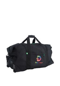 Borsa da viaggio a rotoli in tessuto nero con un colorato logo "Discovery". Dotata di manici doppi, ruote e una tasca laterale per riporre oggetti.