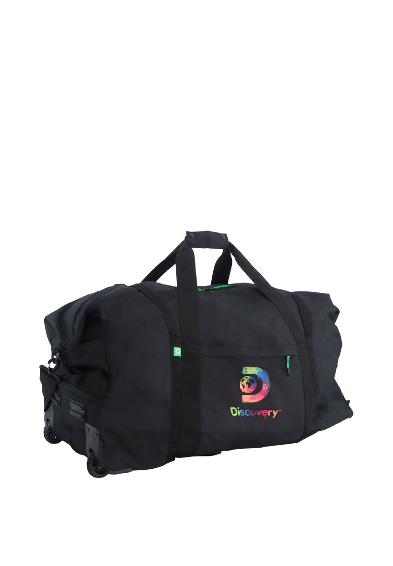 Borsa da viaggio a rotoli in tessuto nero con un colorato logo "Discovery". Dotata di manici doppi, ruote e una tasca laterale per riporre oggetti.