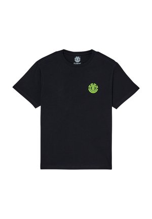 Czarny krótki t-shirt z zielonym okrągłym logo na lewej piersi i mniejszym logo wewnątrz kołnierza.