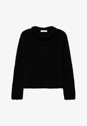 Pull court noir en matière duveteuse. Il présente un col roulé et des manches longues. Design simple sans motifs ni ornements.