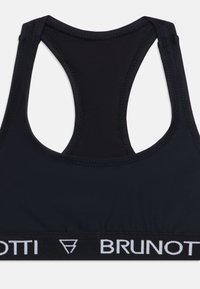 Črna atletska modrček z dizajnom racerback, ki ima gladko tkanino in širok elastičen pas z belim logotipom "BRUNOTTI".