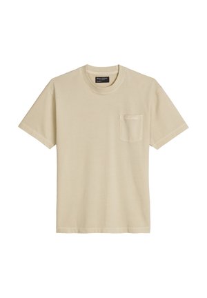 Beiges Kurzarm-T-Shirt mit Rundhalsausschnitt, vorne links mit Brusttasche und dezentem Markenlogo auf der Tasche.