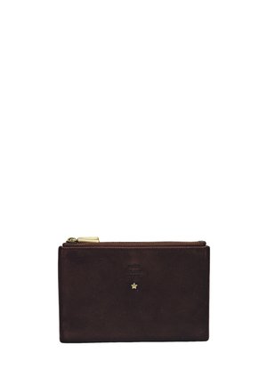 Portefeuille en cuir marron foncé avec une fermeture éclair dorée, petit détail en forme d'étoile et nom de marque "mila louise" embossé discrètement à l'avant.
