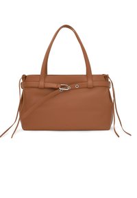 Brązowa skórzana torebka o usztywnionym kształcie, z podwójnymi górnymi uchwytami, zewnętrznym wiązaniem oraz srebrnymi akcentami metalowymi.