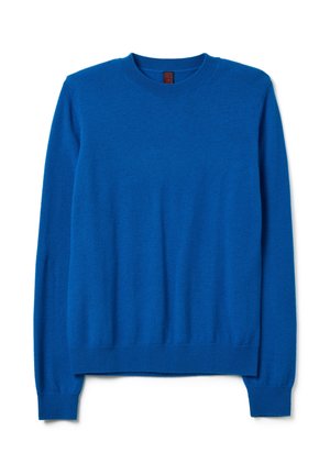 Maglione a girocollo blu realizzato in materiale morbido. Presenta maniche lunghe e polsini e orlo a coste. Tessuto liscio senza motivi o accenti visibili.