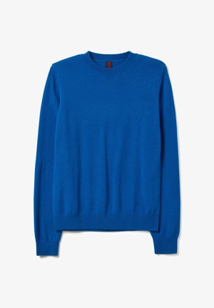 Maglione a girocollo blu realizzato in materiale morbido. Presenta maniche lunghe e polsini e orlo a coste. Tessuto liscio senza motivi o accenti visibili.