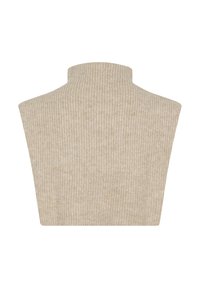 Beige stickad polotröja med ribbad textur, figursydd form och hög krage. Tyget verkar mjukt och lätt.