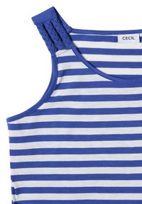 Haut sans manches rayé horizontal bleu et blanc avec un détail de bretelle tressée sur une épaule et une étiquette de marque CECIL à l'intérieur de l'encolure.