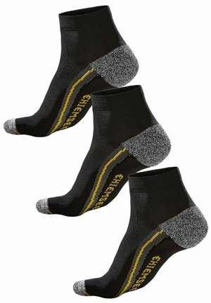 Schwarze Knöchelsocken mit grauen und gelben Akzenten, ausgestattet mit einer strukturierten Ferse, verstärktem Zehenbereich und geripptem Design für eine gute Passform und Komfort.