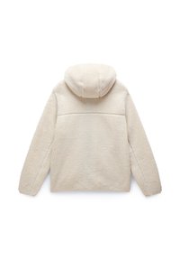 Offwhite Fleecejacke mit Kapuze und langen Ärmeln, von hinten gezeigt, aus weichem, strukturiertem Stoff.