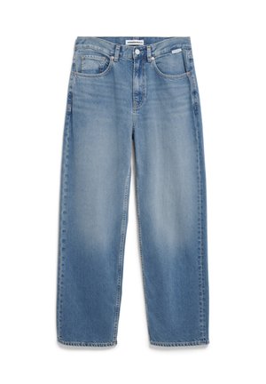 Blå denim jeans med løs pasform, fem-lomme-design og en let vintage finish. Teksturen er glat med kontrasterende syninger.