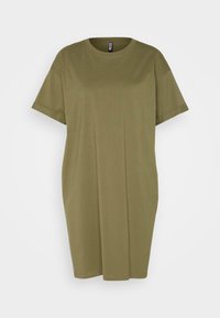 Oliwkowa sukienka t-shirt z krótkimi rękawami, okrągłym dekoltem, luźnym krojem oraz długością do kolan. Miękka faktura i minimalistyczny design.