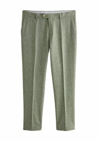 Hose aus strukturiertem, hellgrünem Stoff mit geradem Schnitt, Vorderentaschen und einem Knopfverschluss am Bund.