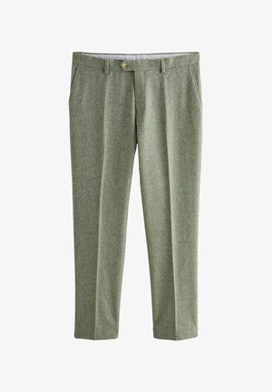 Trousers made of textured, light green fabric with a straight fit, front pockets, and a button closure at the waistband.