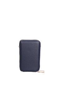 Portafoglio in pelle blu navy con superficie testurizzata, forma rettangolare e zip argentata lungo il bordo. Nessun elemento di design aggiuntivo.