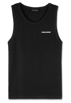 Black cotton tank top with a ribbed texture, featuring a round neckline and the brand "PEGADOR" in white on the front.