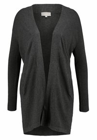 Dunkelgrauer Cardigan mit V-Ausschnitt, offener Front und langen Ärmeln. Verfügt über zwei seitliche Taschen und gerippte Bündchen für Textur und Passform.